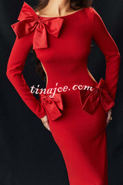 Lovely Bow Cutout Button Back Zipper Long Sleeve Maxi Dress