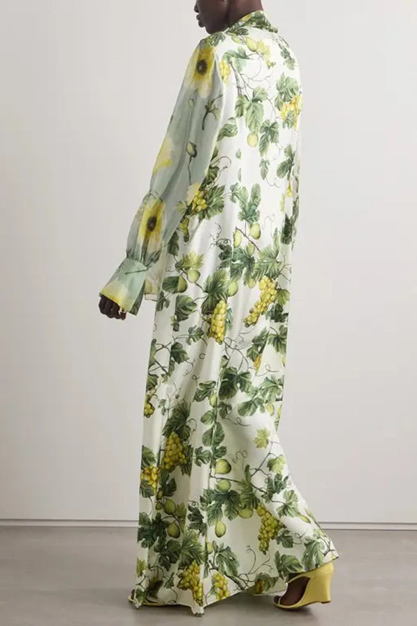 Floral Print Tie Neck Balloon Sleeves Elegant Maxi Dress