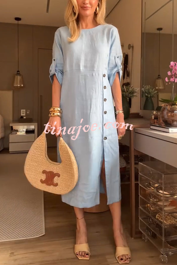 Ultra-comfortable Linen Blend Half Sleeve Front Button Detail Relaxed Pocket Midi Dress