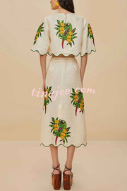 Parrot Print Round Neck Loose Crop Top and Elastic Waist Pocket Casual Midi Skirt Set