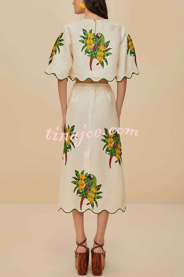 Parrot Print Round Neck Loose Crop Top and Elastic Waist Pocket Casual Midi Skirt Set