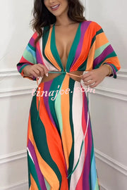 Wilma Unique Print Cutout Elastic Waist Tie-up Kimono Sleeve Maxi Dress