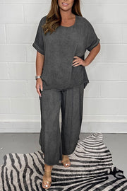 Solid Color Round Neck Short-sleeved Loose Top and Elastic Waist Casual Pants Set