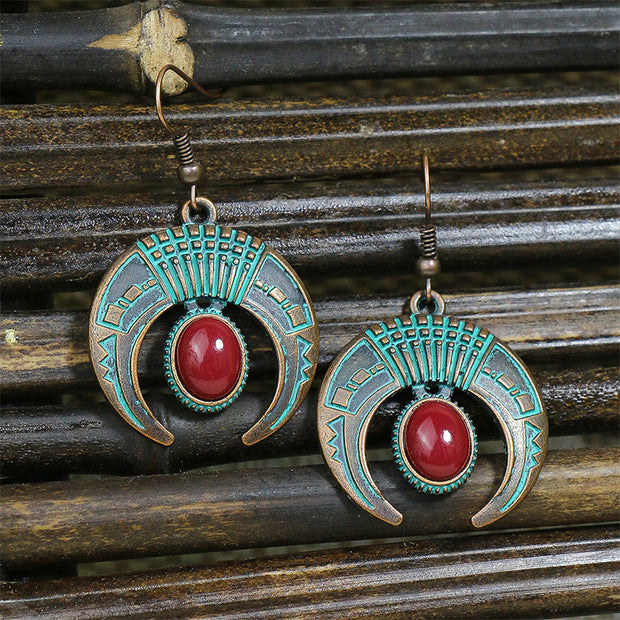 Vintage Crescent Inlaid Turquoise Earrings Bohemian Ethnic Necklace Set