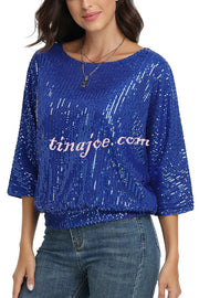 Solid Color Sequined Loose Round Neck Casual Top