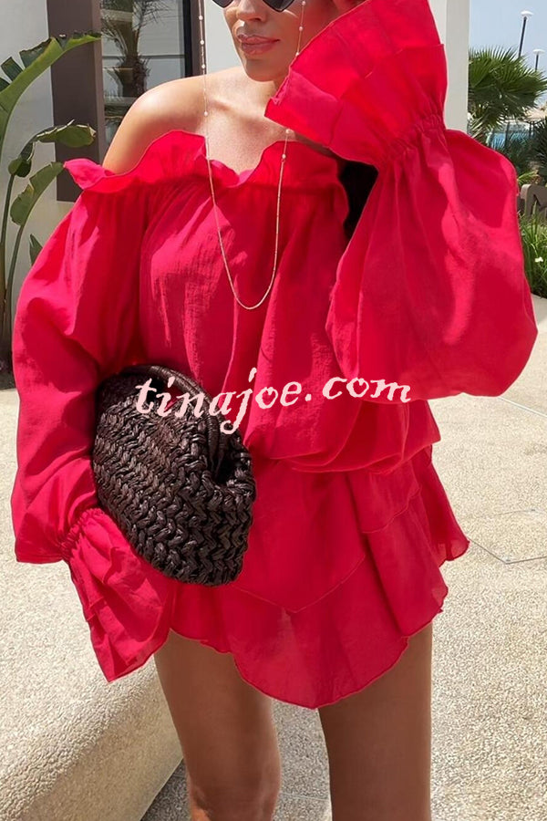 Arnell Linen Blend Off Shoulder Balloon Sleeve Shirt and Elastic Waist Layered Shorts Set