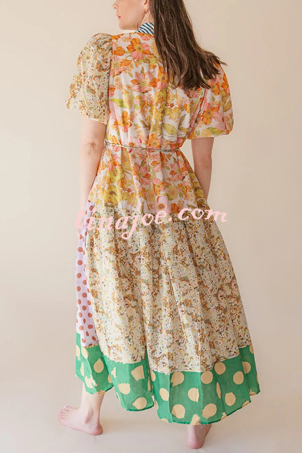 Linen Blend Unique Print Lapel Puff Sleeve Casual Midi Dress