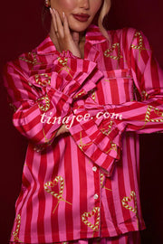 Festive Season Long Candy Stripe Tiered Bell Cuffs Elastic Waist Pocketed Pajama Set