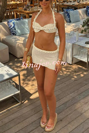 Sexy Halterneck Pearl-embellished Lace-up Tank and Fitted Knit Mini Skirt Set
