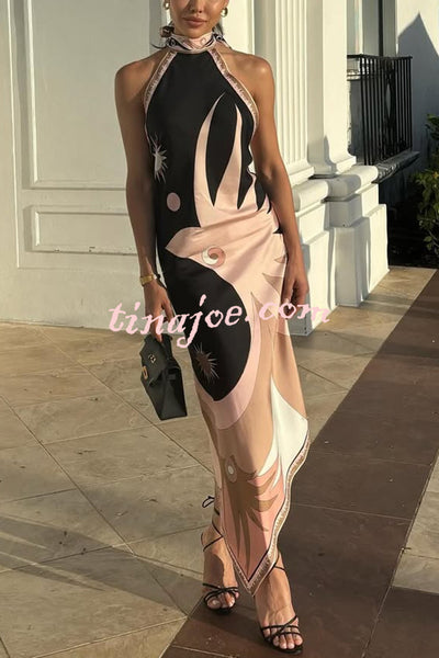 Satin Unique Print Halter Neck Backless Irregular Vacation Midi Dress
