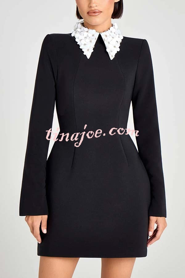 Alisha Contrast Floral Appliqué Pointed Collar Long Sleeve Pocketed Mini Dress