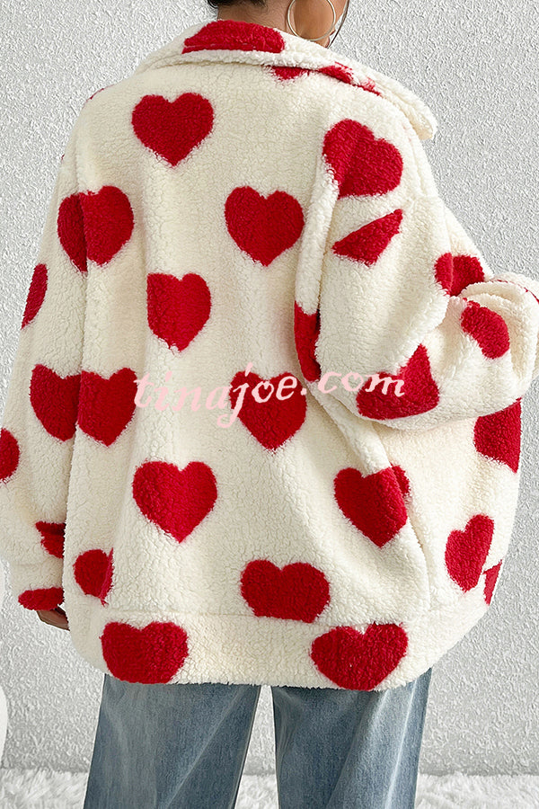 Fashion Plush Heart Print Loose Pocket Long Sleeve Zipper Jacket