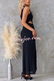 Solid Color Elegant Mesh One Shoulder Sexy Waist Hollow Out Maxi Dress
