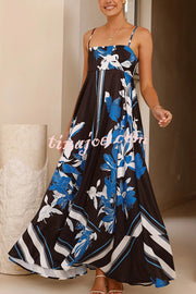 Botanical Print Square Neck Suspender Casual Full Hem Maxi Dress