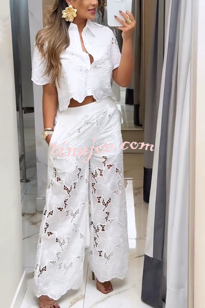 Solid Color Hollow Lace Lapel Short-sleeved Top and Elastic Waist Loose Pocket Pants Set