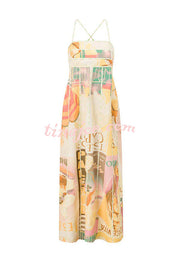 Palermo Linen Blend Contrast Panel Unique Print Back Lace-up Maxi Dress