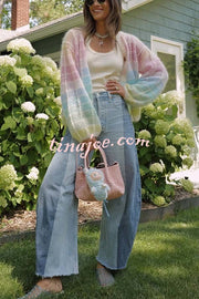 Palette Day Knit Color Blocks Open Front Balloon Sleeve Loose Cardigan