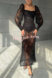 Timeless Moment Floral Lace Square Neck Button Up Balloon Sleeve Top