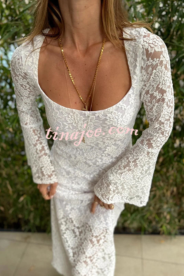 Luxe Lifestyle Lace Square Neck Bell Sleeve Lined Slit Midi Dress