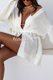 Solid Color Hollow Long Sleeve Loose Waist Tie Knitted Cardigan