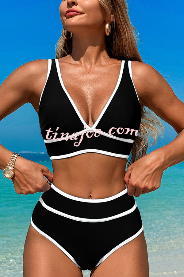 Solid Color Contrast High Waist Stretch Bikini Swimsuit