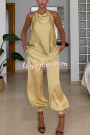 Satin Solid Pocket Loose Casual Pants