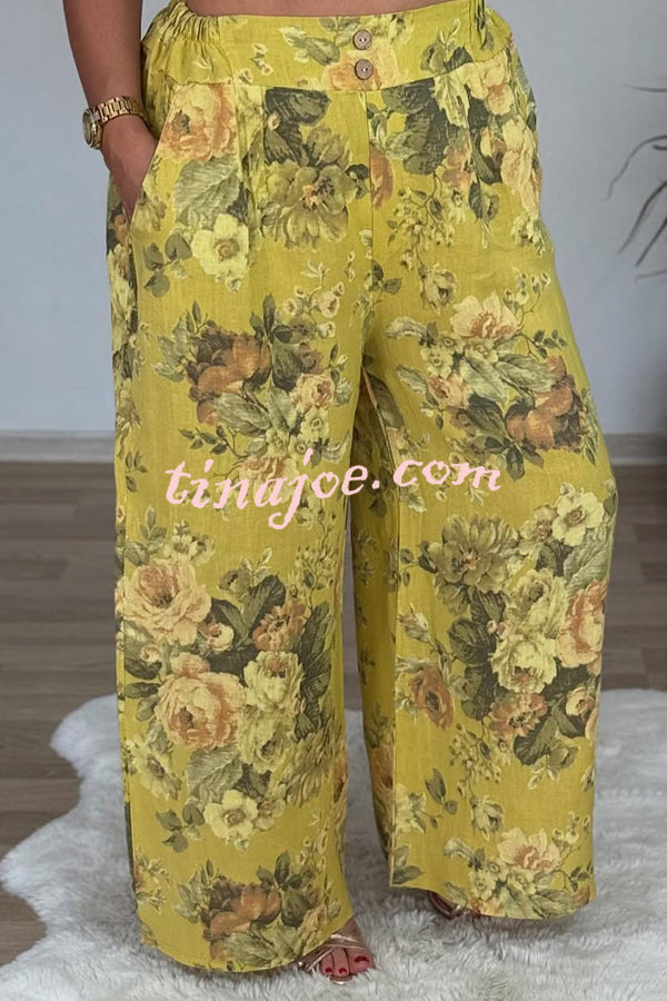 Linen Blend Crew Neck Long Sleeve Irregular Loose Top and Elastic Waist Floral Print Casual Pocket Set