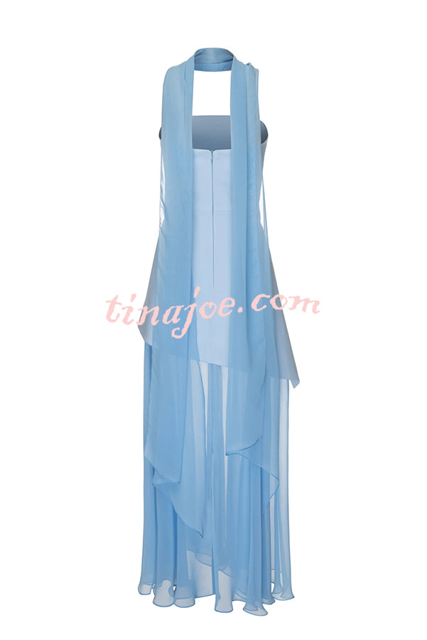 Monaco Off Shoulder Structured Top Chiffon Slit Hem Scarf Maxi Dress