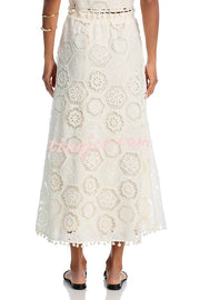 Nice Try Embroidered Crochet Lace Tassle Trim Elastic Waist Midi Skirt