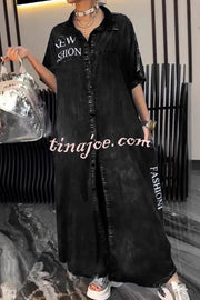 Fashion Letter Print Lapel Cardigan Loose Maxi Dress