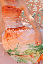 Fairy Tale Town Sunset Unique Print Off Shoulder Smocked Maxi Dress