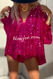 Fashion Sequin V-neck Long Sleeve Loose Top and Elastic Waist Casual Shorts Set