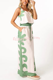 Stylish Printed Sleeveless Tank Top and Pocket Elastic Waist Wide Leg Pants Set