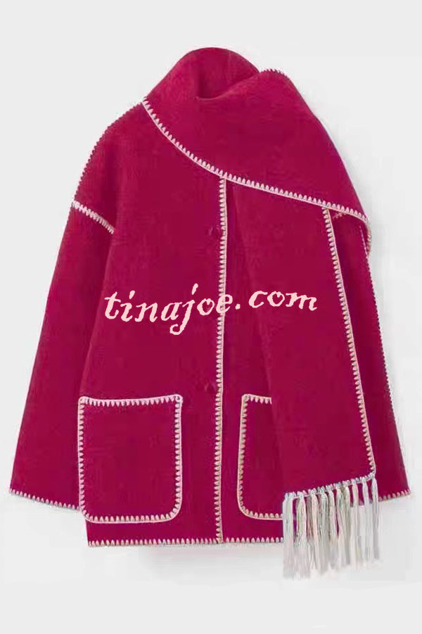 Stylish Loose Pocket Long Sleeve Coat and Warm Fringed Scarf