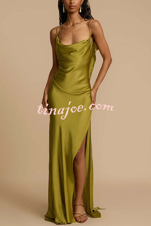 Evening Date Satin Cowl Neck Drape Ruffle Backless Bias Cut Party Maxi Dress