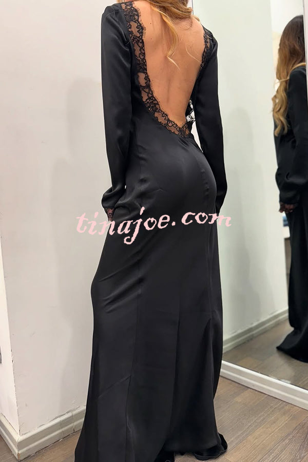 Mystic Moment Satin Lace Trim Long Sleeve Backless Maxi Dress
