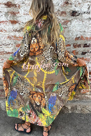 Jungle Miracle Animal Unique Print Button Long Sleeve Midi Relaxed Blouse