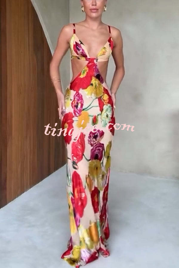 Hawaiian Dreams Satin Floral Print Cutout Backless Maxi Dress