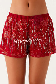 Dazzling Sequin Beaded Material Low Rise Elastic Waist Loose Shorts