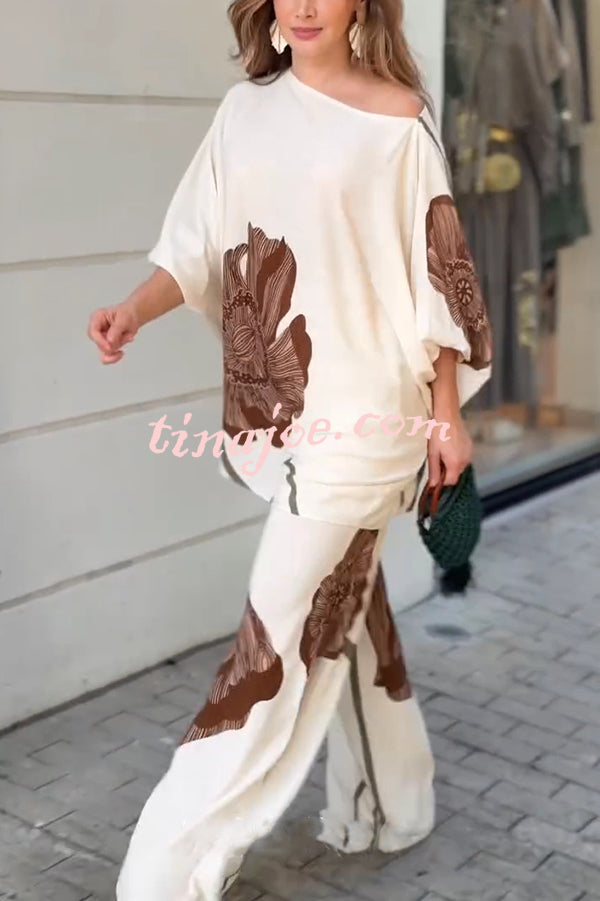 Floral Print Batwing Sleeves Loose-fitting Top and Relaxed Pocket Straight Pants Set