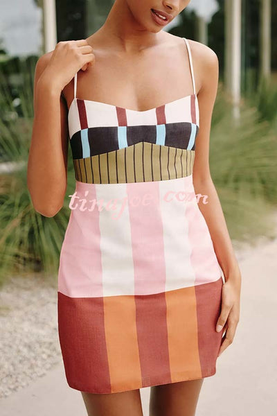Susane Linen Blend Color Block Print Adjustable Shoulder Strap Mini Dress