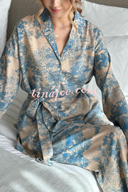 Unique Print Long-sleeved Tie Shirt and Elastic High-waist Wide-leg Pants Set