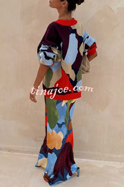Bright and Bold Knit Abstract Color Blocks Button Long Sleeve Loose Cardigan