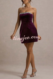 Effortlessly Elegant Velvet Jewel Embellished Trim Bandeau Mini Dress