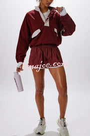 Fashion Contrast Color Stitching Stand Collar Long Sleeve Top and Elastic Waist Loose Pocket Shorts Set