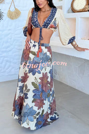 Unique Printed V-Neck Tie Cropped Top and Elastic Waist Casual Maxi Skirt Set