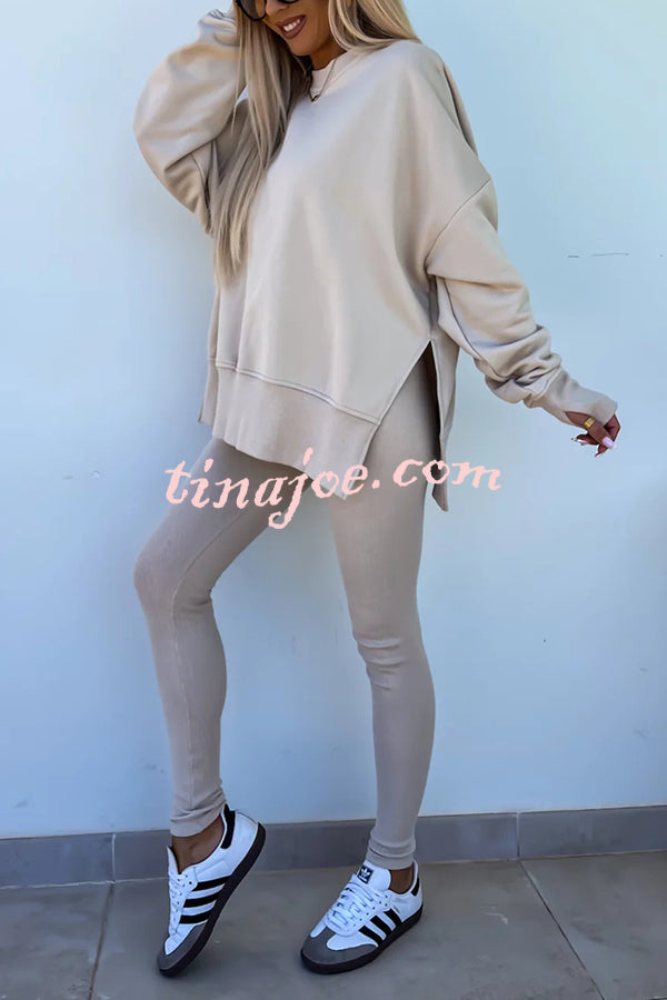 Solid Color Loose Long Sleeve SlitSweatshirt and Elastic Waist Tight Pants Set