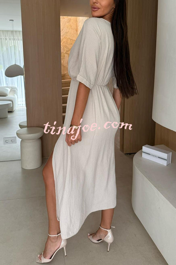 Linen Blend Solid Color V-neck Short Sleeve Waist Loose Slit Midi Dress