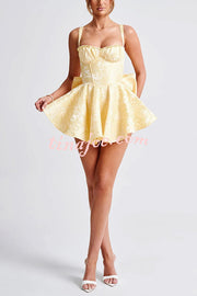 Jacquard Fabric Halter Back Elegant Bow Slim Fit Mini Dress