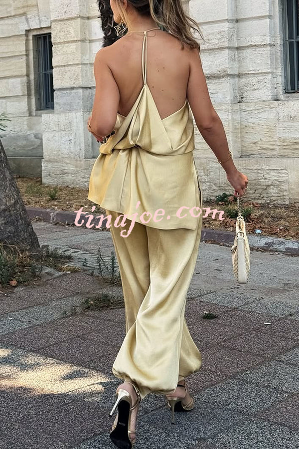 Satin Solid Pocket Loose Casual Pants